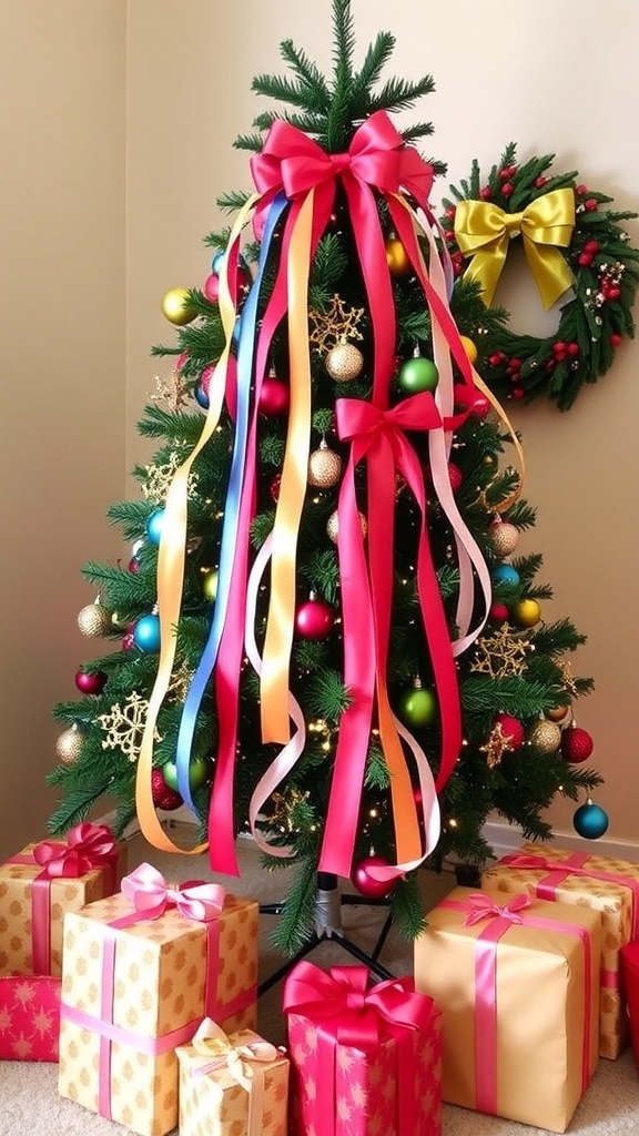 Creative Christmas Ribbon Decor Ideas A Christmas tree decorated with colorful ribbons, surrounded by gifts wrapped in ribbons, with a wreath in the background.